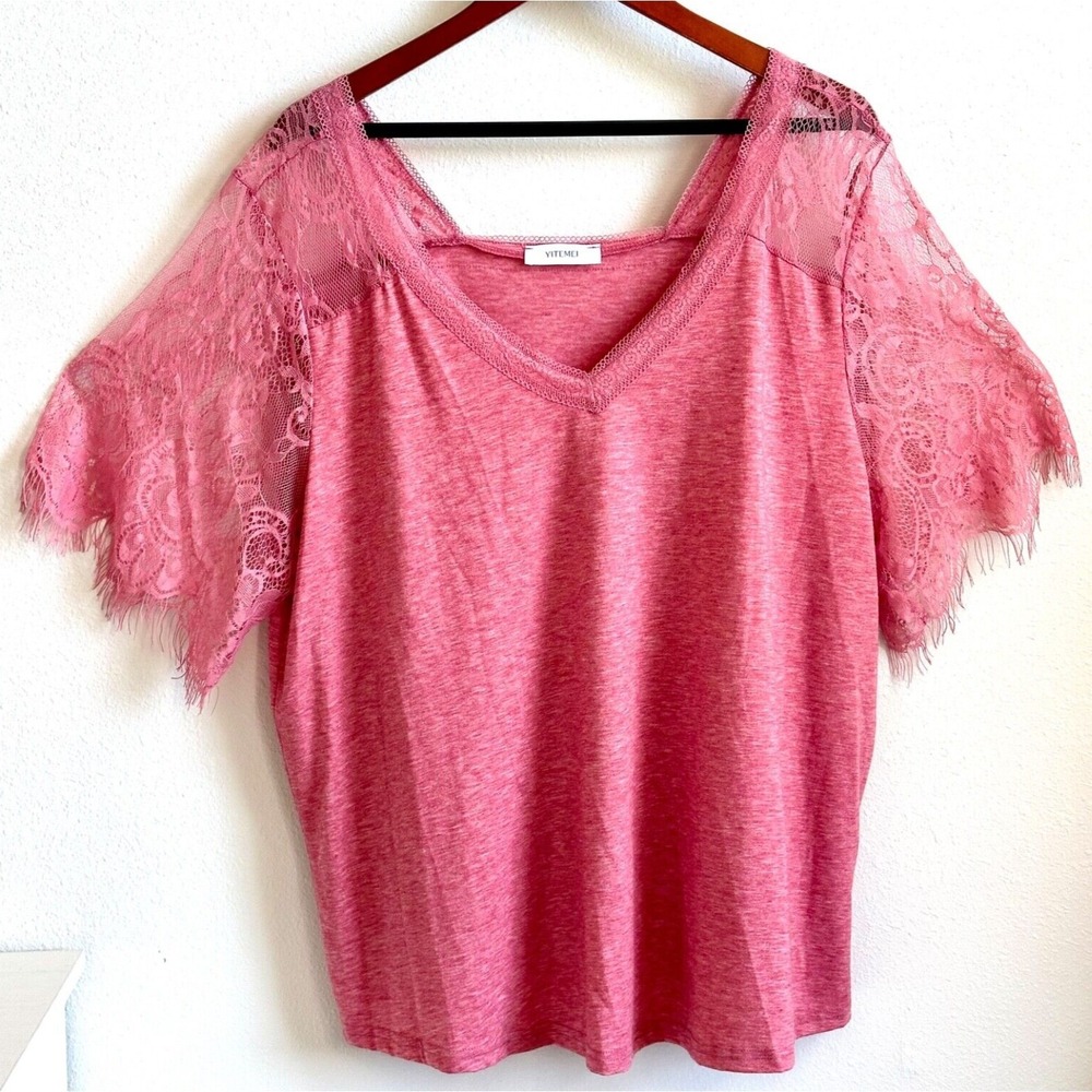 Pink Rose Women's 4XL Short Sleeve V-Neck Fringe Lace Trim Jersey Top